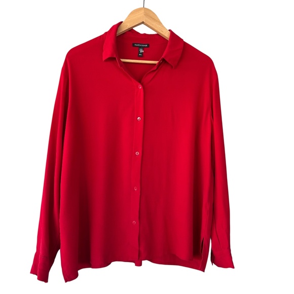 Eileen Fisher Silk Georgette Crepe Classic Collar Shirt Color Red Size Large - Picture 4 of 12